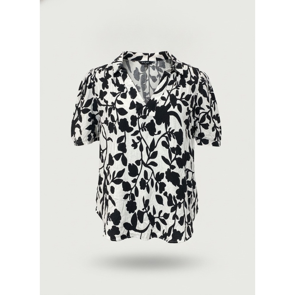 Well Worn Women Black White Floral V-Neck Viscose Blouse Size Medium 1859439